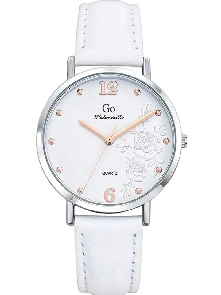 Montre femme Go bracelet cuir blanc cadran fleuri