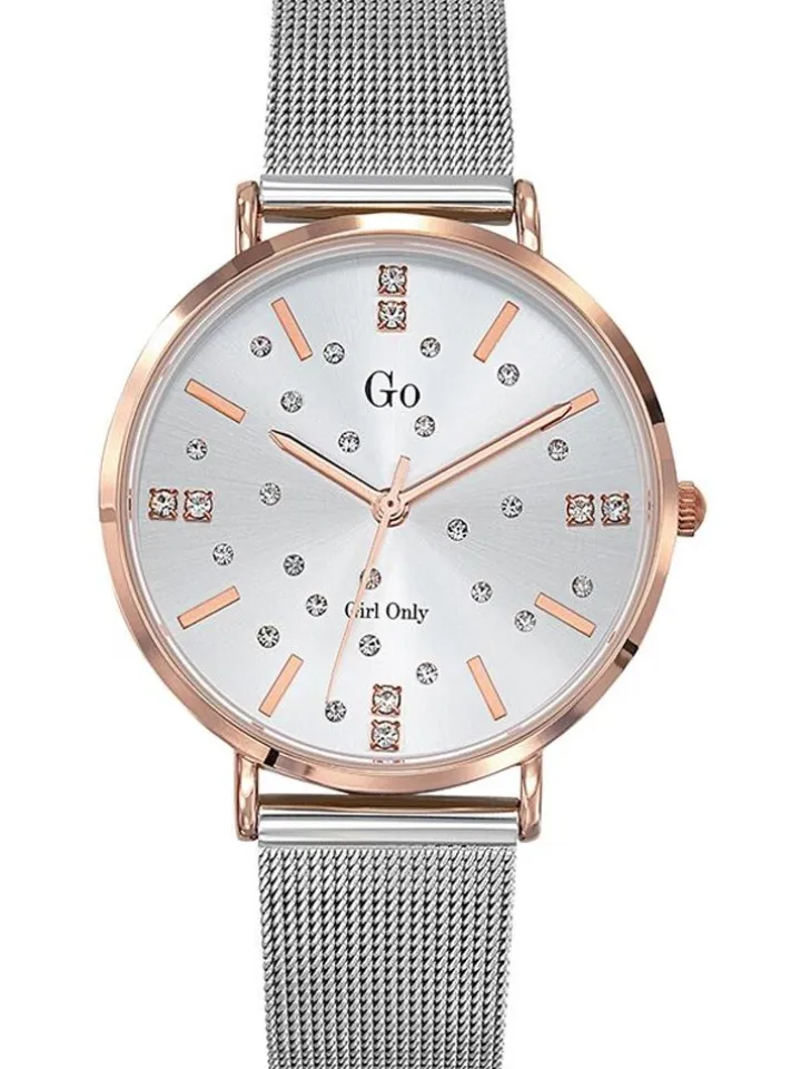 Montre femme Go bracelet milanais pierres blanches fond blanc