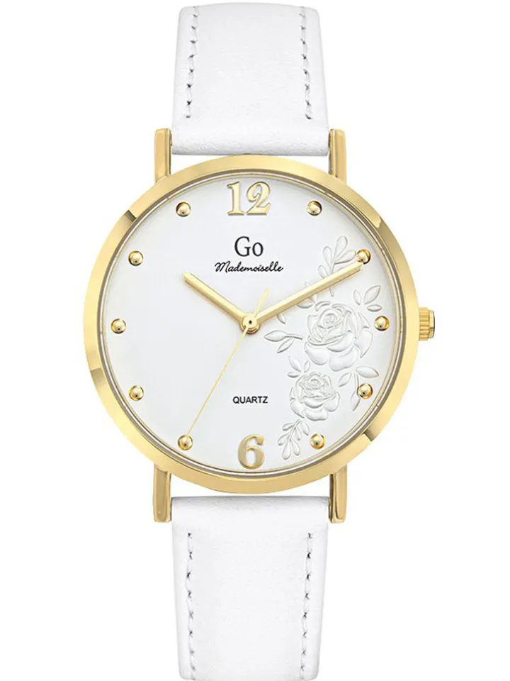 Montre femme Go dorée bracelet cuir blanc cadran fleuri