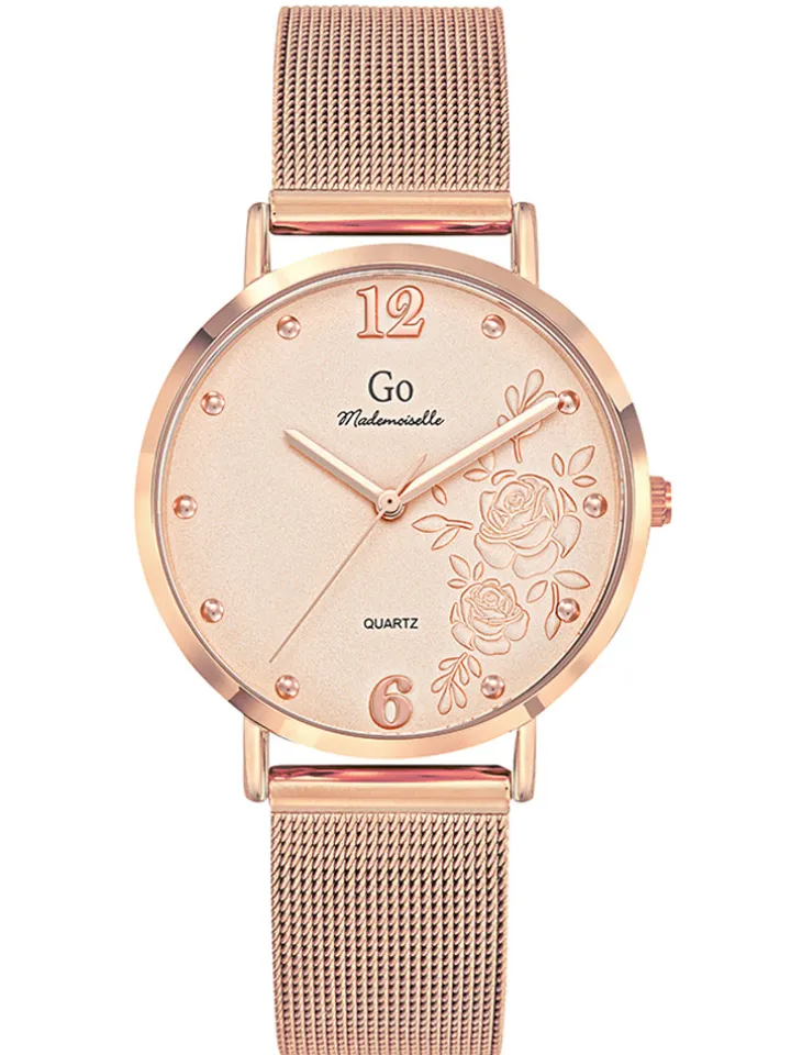 Montre femme Go dorée rose cadran fleuri