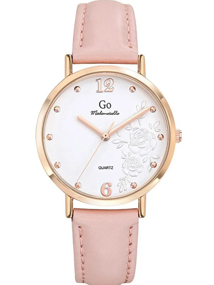 Montre femme Go dorée rose bracelet cuir rose cadran fleuri