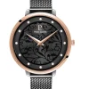 Montre femme Pierre Lannier bracelet milanais noir cadran motif fleuri noir