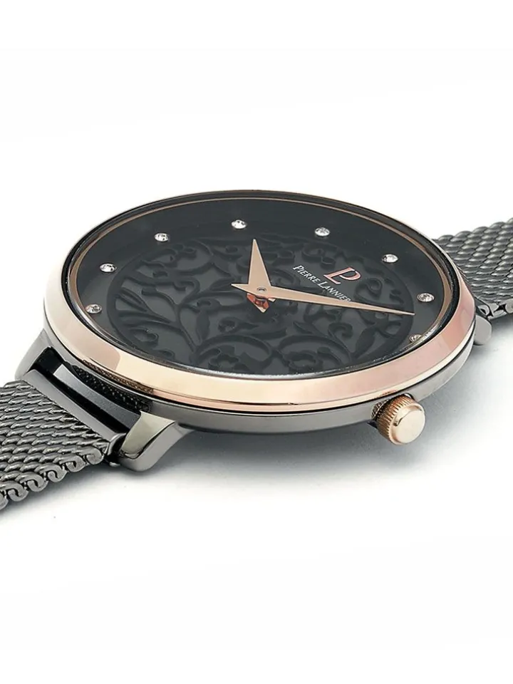 Montre femme Pierre Lannier bracelet milanais noir cadran motif fleuri noir