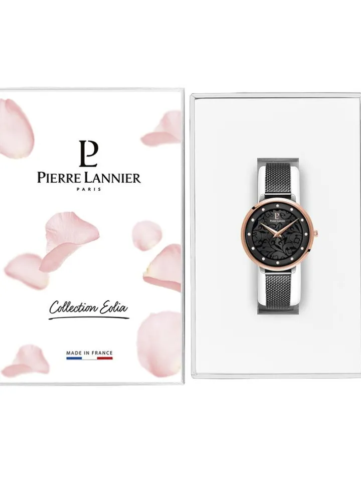 Montre femme Pierre Lannier bracelet milanais noir cadran motif fleuri noir