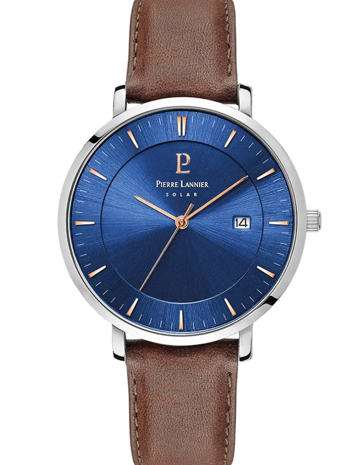 Montre Pierre Lannier bracelet brun cadran bleu Solaire Classe 208H164