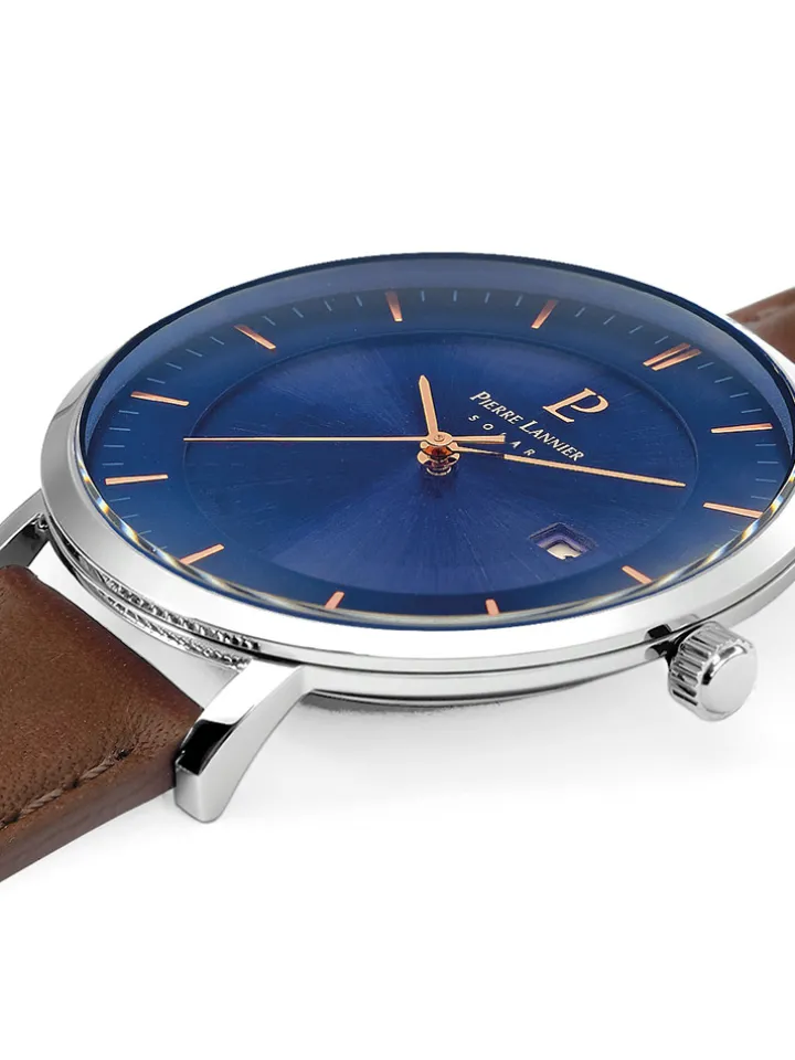 Montre Pierre Lannier bracelet brun cadran bleu Solaire Classe 208H164