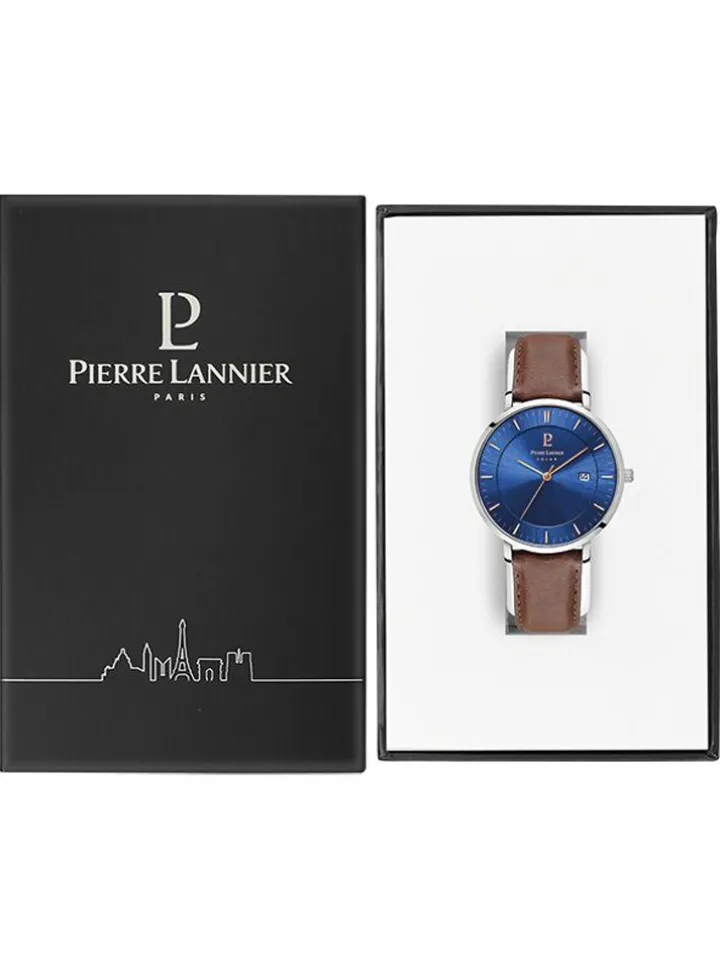 Montre Pierre Lannier bracelet brun cadran bleu Solaire Classe 208H164
